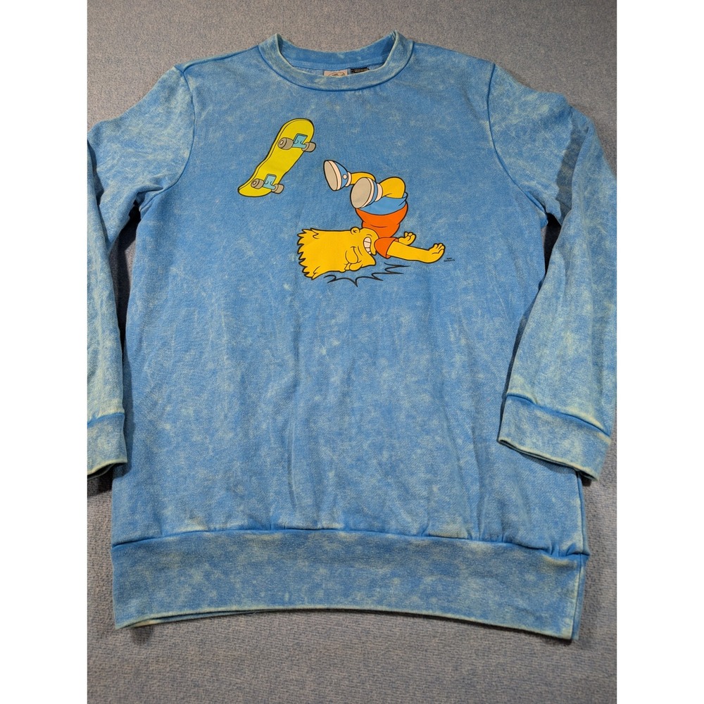The Simpsons Bart Simpson Skateboard Graphic Sweatshirt Blue Acid Wash Large